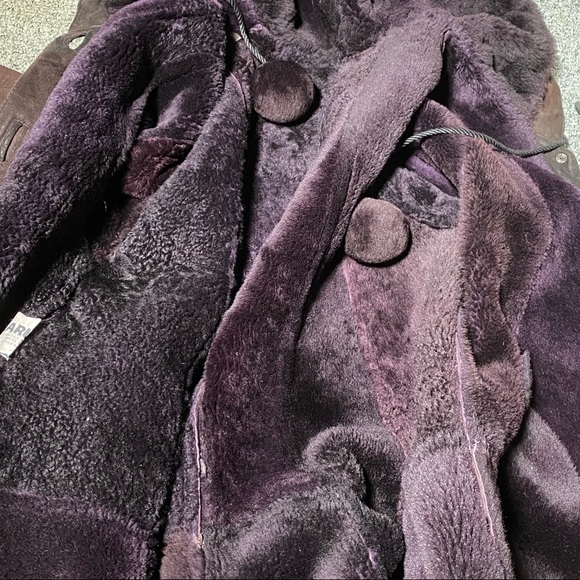 SHEARLING Hooded Winter Coat S Neiman Marcus Barcelona Spain dark rich purple - Picture 2 of 5